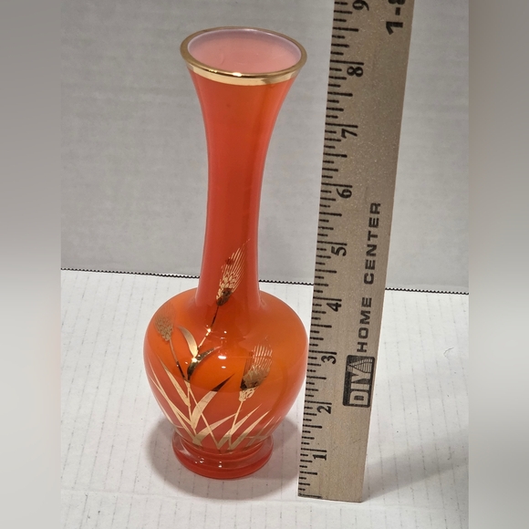 Vintage Orange Glass Bud Vase Gold Wheat Design - Picture 7 of 8